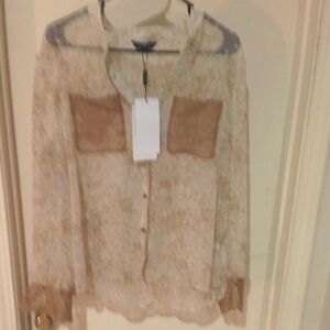 Sheer Button-Up Blouse with Tan Accents